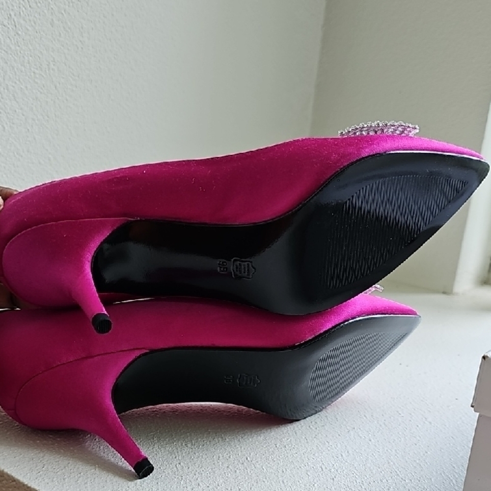 Caparros Fuchsia Satin Heels with Rhinestone Bow - Picture 6 of 9